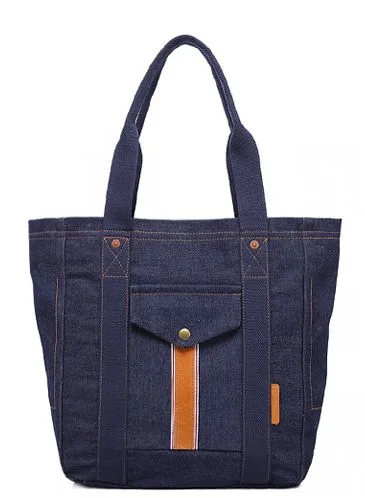Denim tote, pocket, tan tab (DNM-03)
